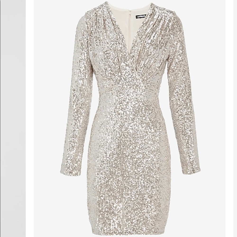 Express Silver Sequin Wrap Front Sheath Dress